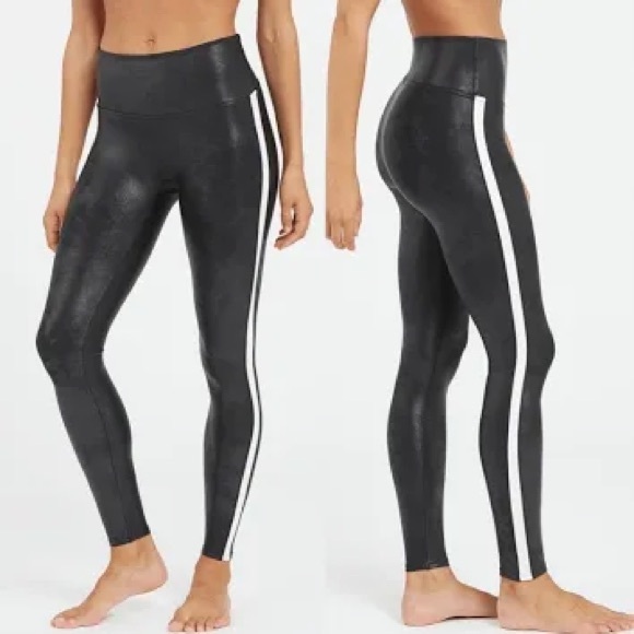 Spanx Faux Leather Side Stripe Leggings in Very Black/White size Medium - Picture 1 of 4